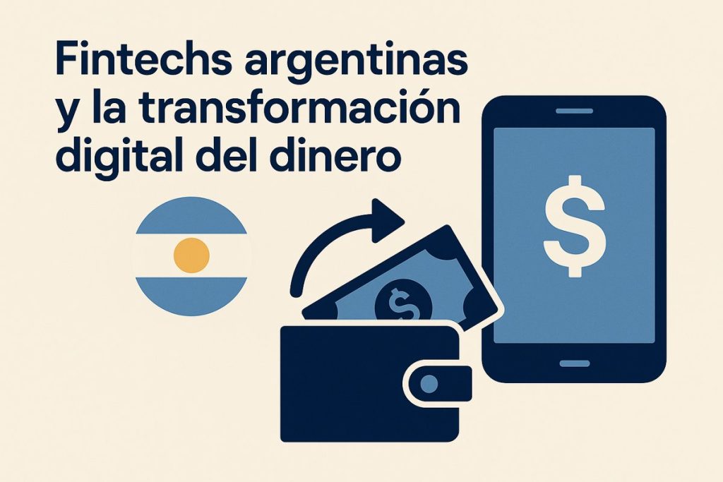 Gráfico ilustrativo con la bandera argentina, un smartphone con el símbolo del dinero y una billetera de la que salen billetes, representando la transformación digital y el auge de las fintech en el país.”