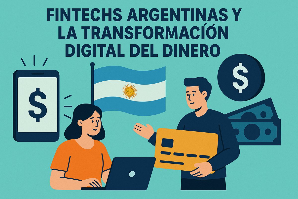 Ilustración sobre el mundo fintech argentino: una mujer usando una notebook y un hombre sosteniendo una tarjeta de crédito frente a la bandera de Argentina, con íconos de celular y billetes que representan los pagos digitales.