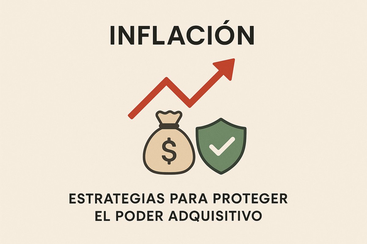 Diseño gráfico con una bolsa de dinero, un escudo con tilde y una flecha roja en subida, representando la inflación y las medidas para proteger el valor del dinero en el contexto económico argentino.