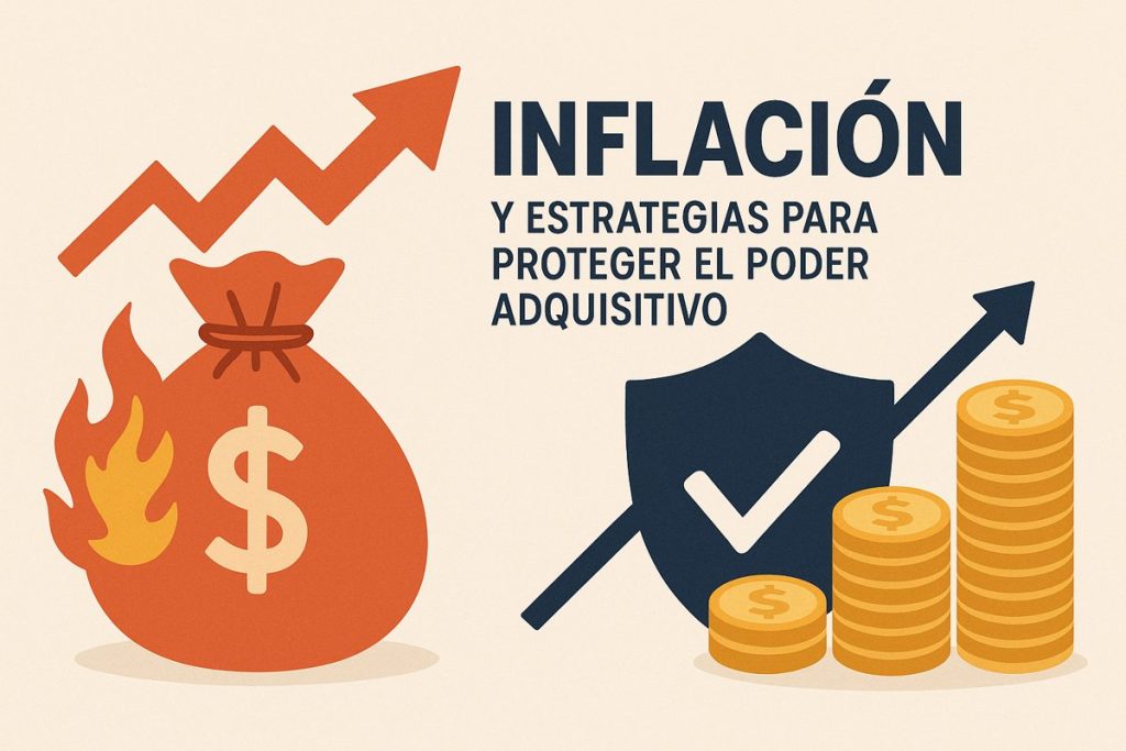 Ilustración sobre la inflación en Argentina: una bolsa de dinero en llamas y una flecha ascendente simbolizan la suba de precios, mientras un escudo y monedas representan estrategias para cuidar el poder adquisitivo.