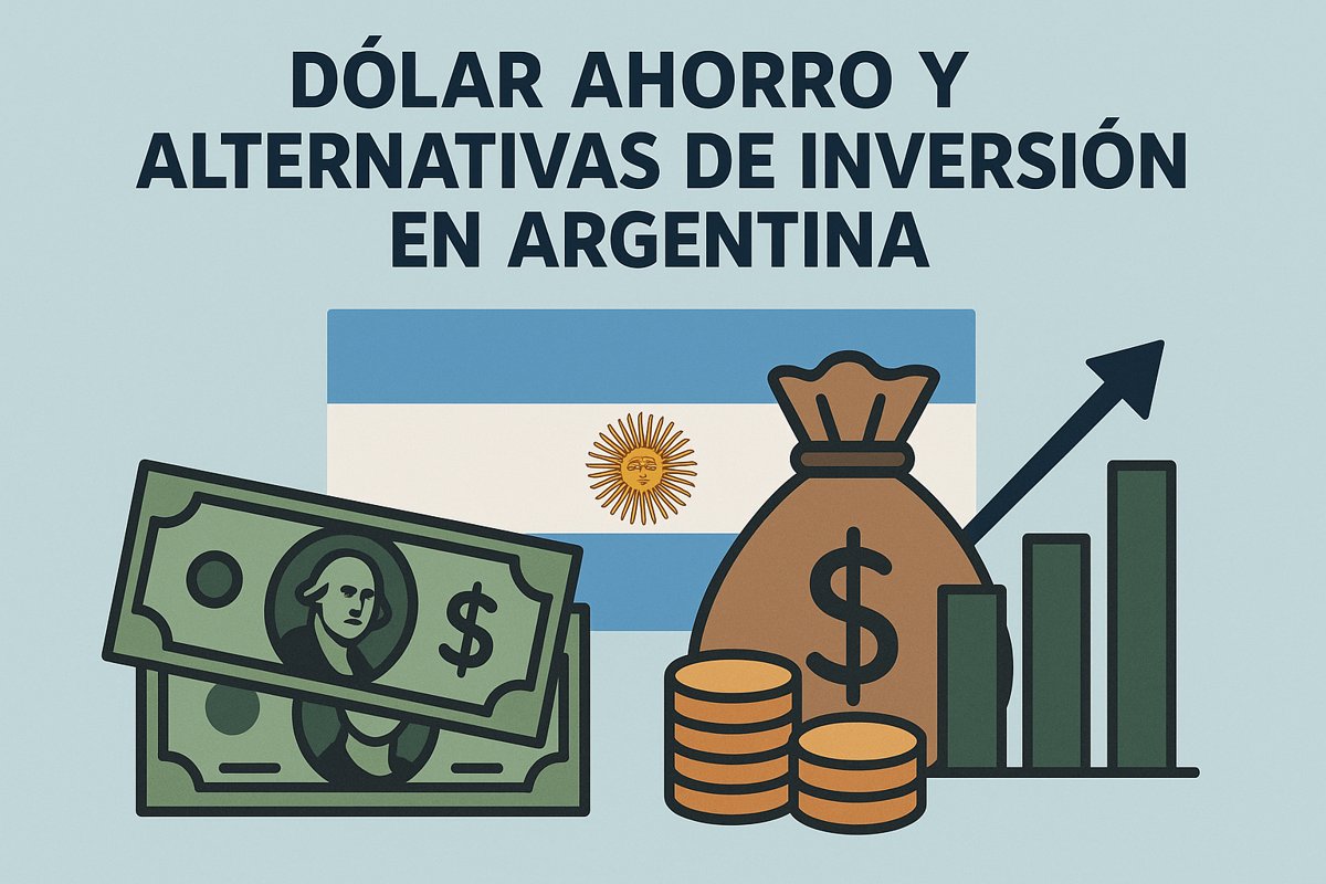 Gráfico con billetes estadounidenses, monedas apiladas, una bolsa con el símbolo del dólar y una bandera argentina de fondo, simbolizando la relación entre el dólar ahorro y las alternativas de inversión en el país.