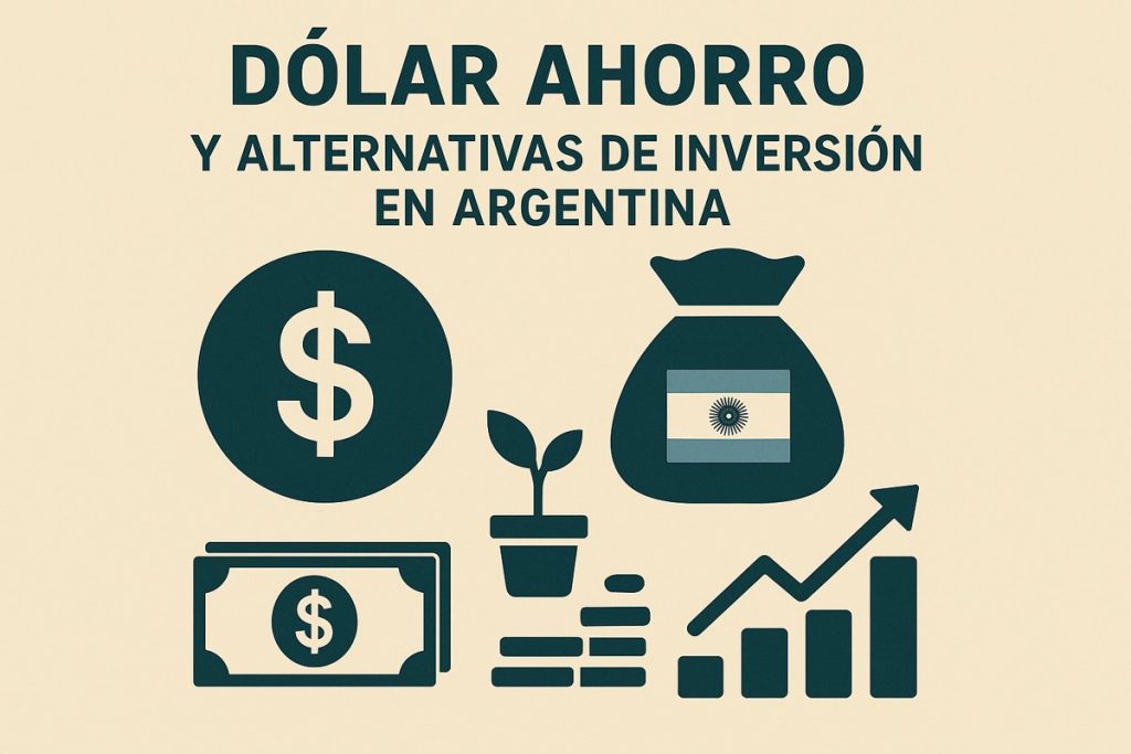 “Ilustración con símbolos financieros: un signo de dólar, billetes, una planta que crece en una maceta y una bolsa con la bandera argentina, representando el ahorro en dólares y las inversiones en Argentina.