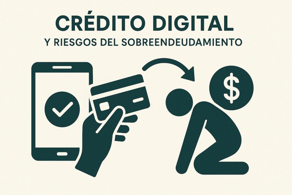 “Ilustración minimalista sobre el crédito digital: una mano sostiene una tarjeta frente a un celular con un símbolo de verificación, mientras una figura humana se inclina bajo el peso de una gran moneda, representando el riesgo del sobreendeudamiento.