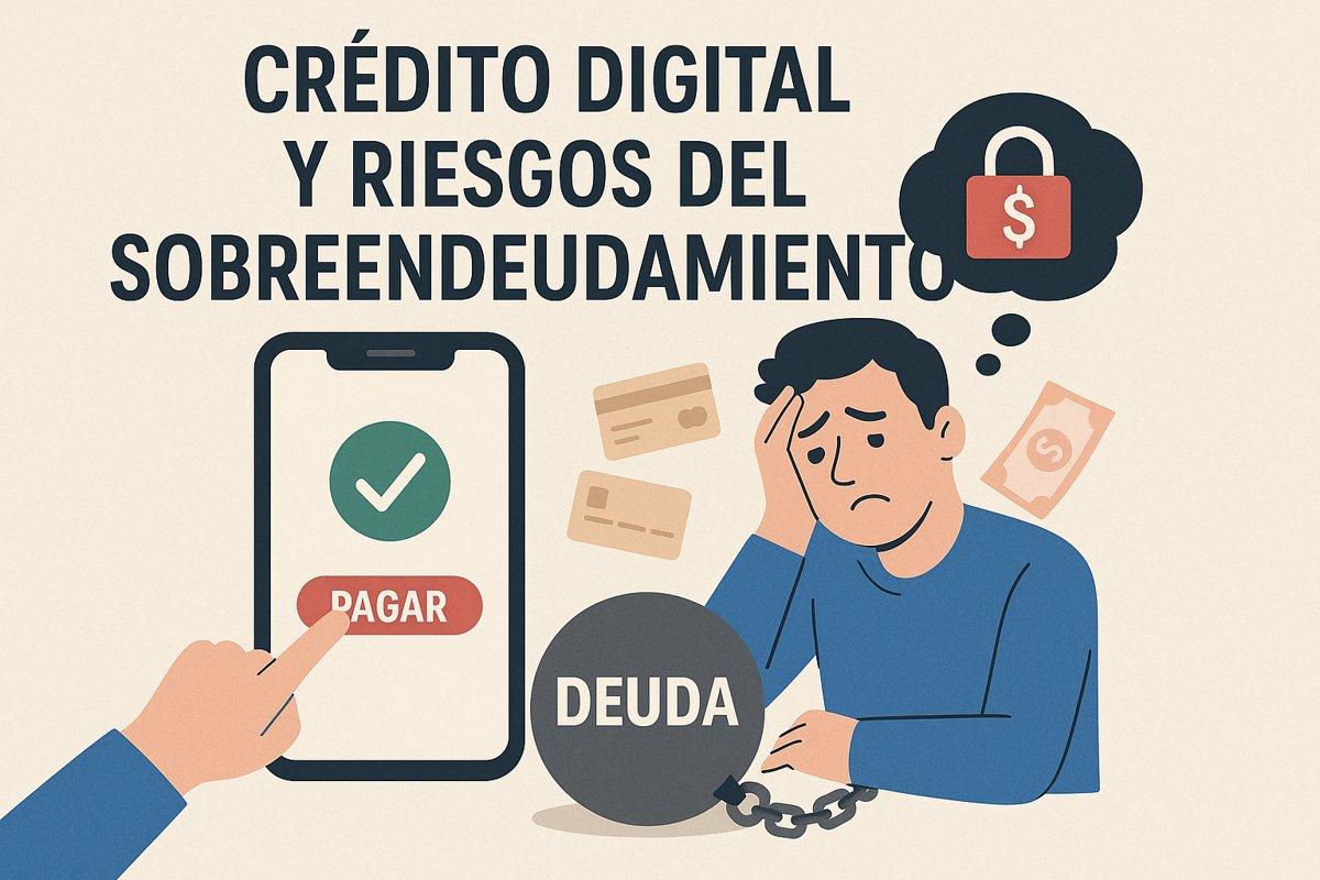 Imagen ilustrativa con un hombre preocupado por sus deudas, rodeado de tarjetas y billetes, encadenado a una bola con la palabra ‘deuda’. En primer plano, un celular muestra el botón ‘pagar’, simbolizando la presión del crédito digital y sus riesgos.