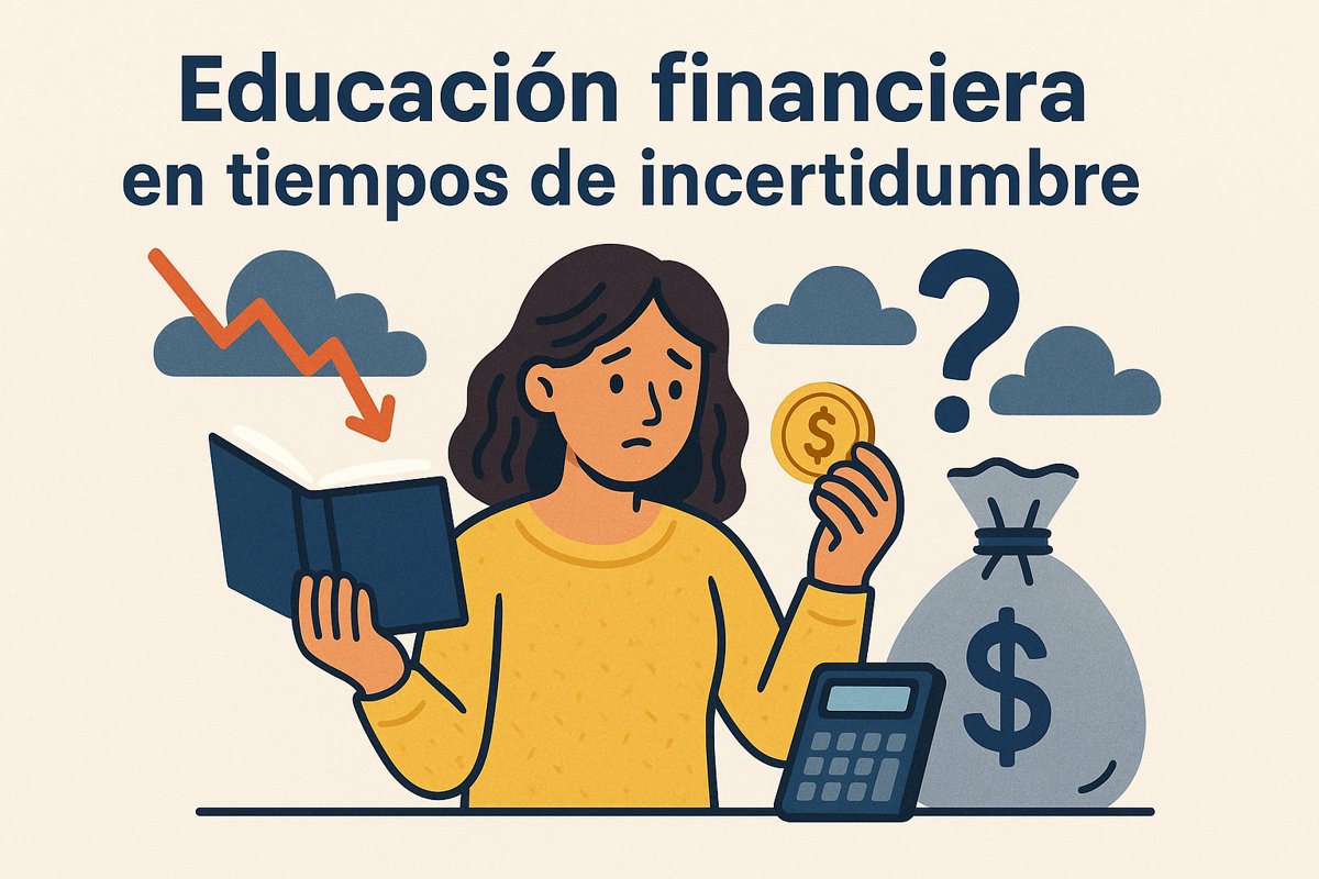 Ilustración de una mujer preocupada que sostiene un libro y una moneda mientras una flecha descendente y nubes grises simbolizan la crisis económica. Frente a ella, una calculadora y una bolsa de dinero refuerzan el concepto de educación financiera en contextos difíciles.