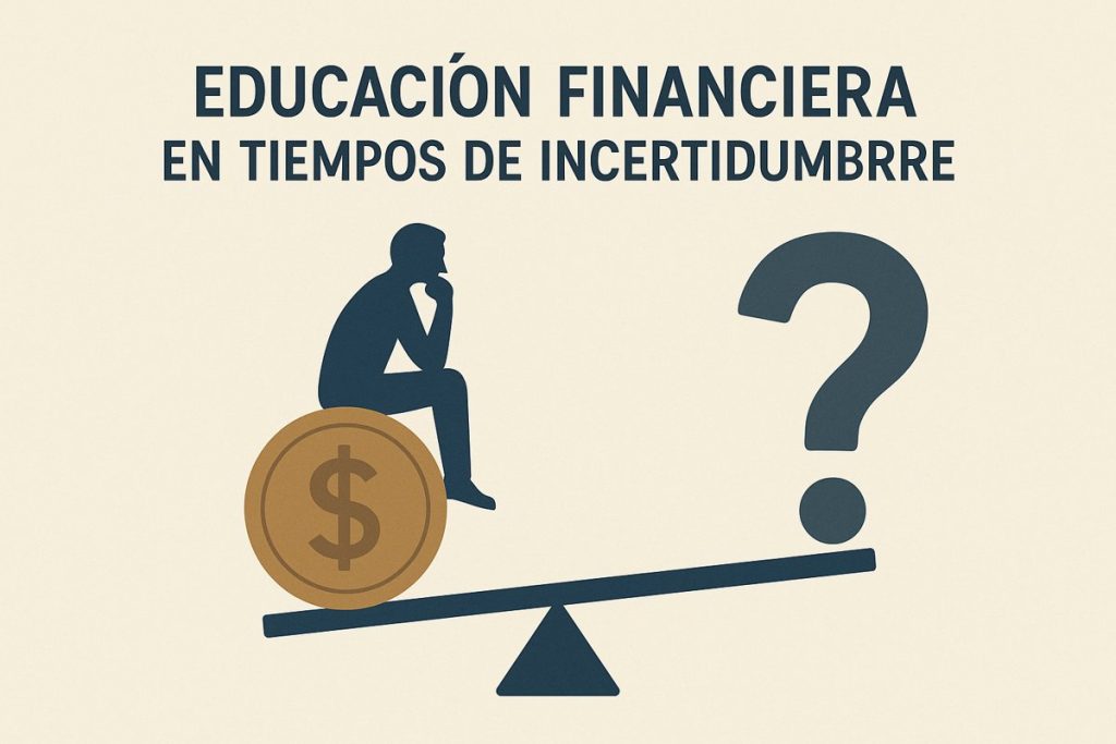 Ilustración minimalista que representa la educación financiera: una persona pensativa sentada sobre una moneda gigante observa un signo de interrogación, ambos equilibrados en una balanza, simbolizando las decisiones económicas en tiempos de incertidumbre.