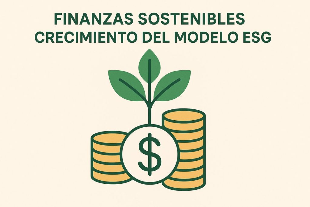 Ilustración de una moneda con símbolo de dólar y una planta verde creciendo encima, acompañada por pilas de monedas doradas, representando las finanzas sostenibles y la inversión responsable bajo el modelo ESG.