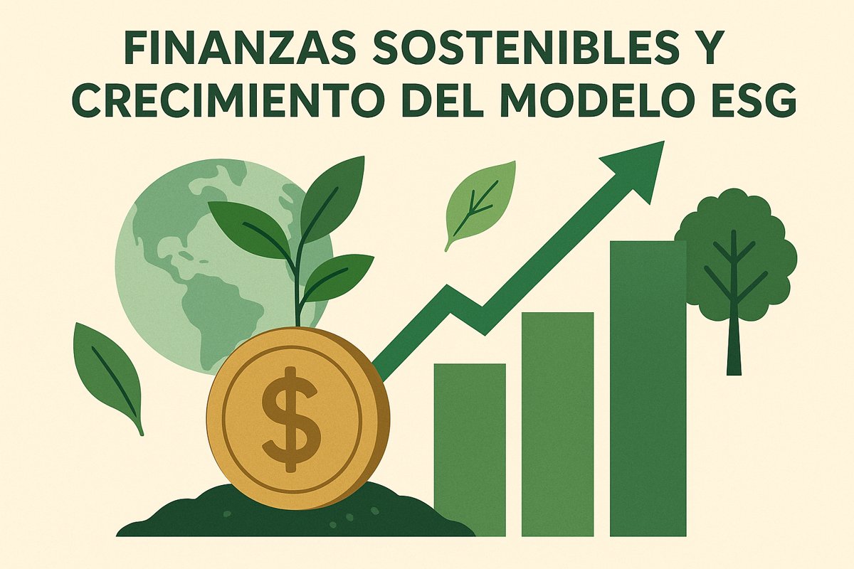 Ilustración de una moneda con símbolo de dólar, hojas verdes, un planeta Tierra y una gráfica ascendente, simbolizando el crecimiento global de las finanzas sostenibles y el modelo ESG orientado al impacto ambiental positivo.