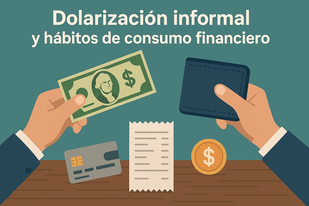 Ilustración de dos manos sosteniendo un billete de dólar y una billetera, junto a una tarjeta de crédito, una moneda y un recibo sobre una mesa de madera. Representa la relación cotidiana de los argentinos con el dinero y la economía dolarizada.