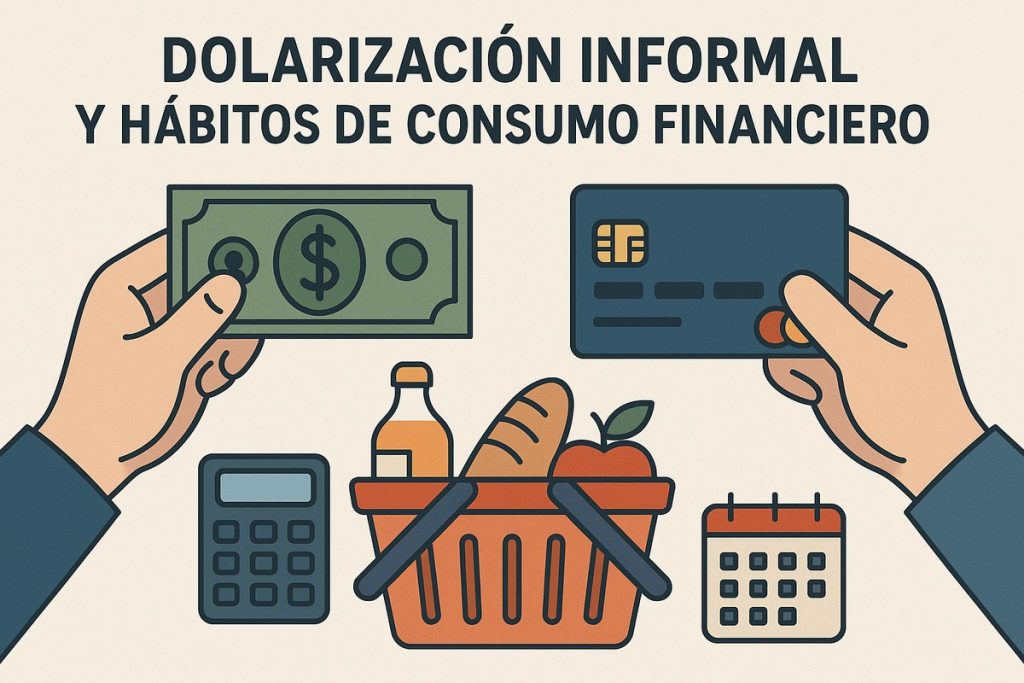 Ilustración de una mano sosteniendo un billete de dólar y otra una tarjeta de crédito, con elementos de consumo como una canasta con alimentos, una calculadora y un calendario. Simboliza los hábitos financieros y el impacto del dólar en la vida diaria en Argentina.