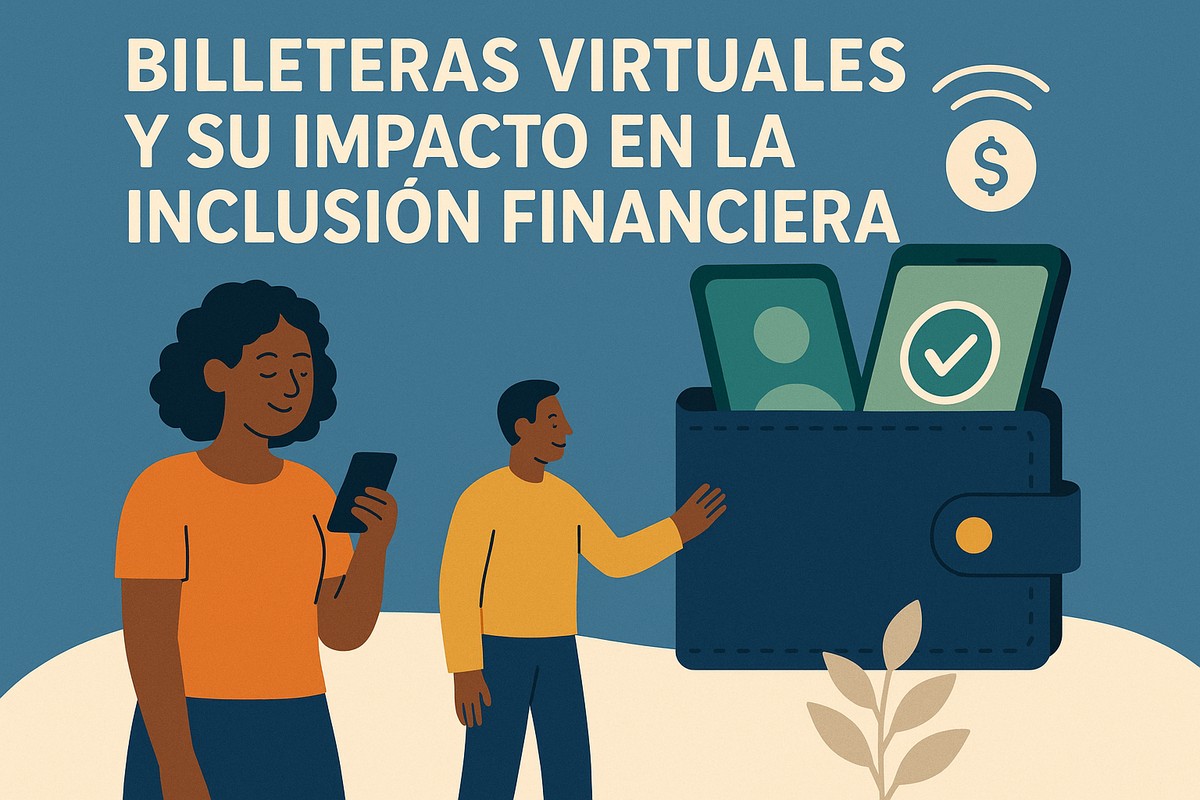 Ilustración de dos personas usando una billetera digital: una mujer sosteniendo un teléfono móvil y un hombre acercando la mano a una billetera con dinero y un ícono de verificación. El entorno es simple y moderno, simbolizando la confianza y accesibilidad de las herramientas financieras digitales.