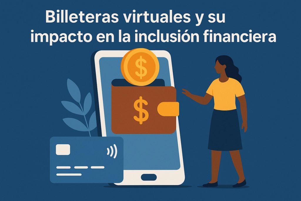 Ilustración de una mujer frente a un celular gigante con una billetera digital y una moneda con símbolo de dólar. A su lado, una tarjeta de crédito azul y una planta decorativa. Representa la adopción de billeteras virtuales y su papel en la inclusión financiera digital en Argentina.