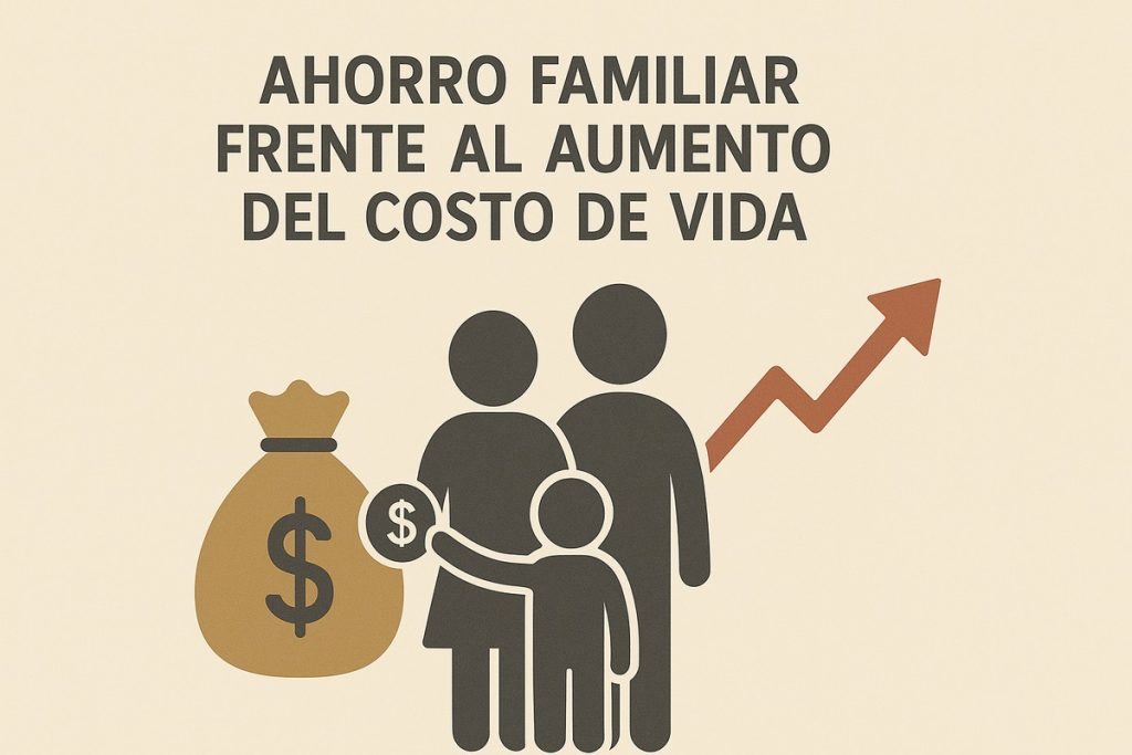 Ilustración minimalista de una familia conformada por dos adultos y un niño frente a un fondo beige. A la izquierda, una gran bolsa de dinero con el símbolo del dólar, y a la derecha, una flecha ascendente en color marrón que simboliza el aumento del costo de vida. Representa el esfuerzo del ahorro familiar ante la inflación.