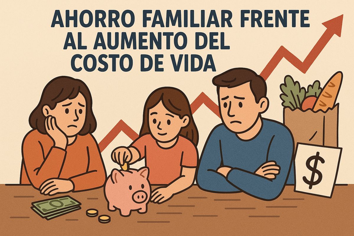 Ilustración de una familia preocupada por la economía del hogar: una mujer y un hombre observan mientras una niña coloca monedas en una alcancía rosada en forma de cerdito. Al fondo, una bolsa con compras y una gráfica ascendente simbolizan la suba de precios y el desafío de mantener el ahorro familiar.
