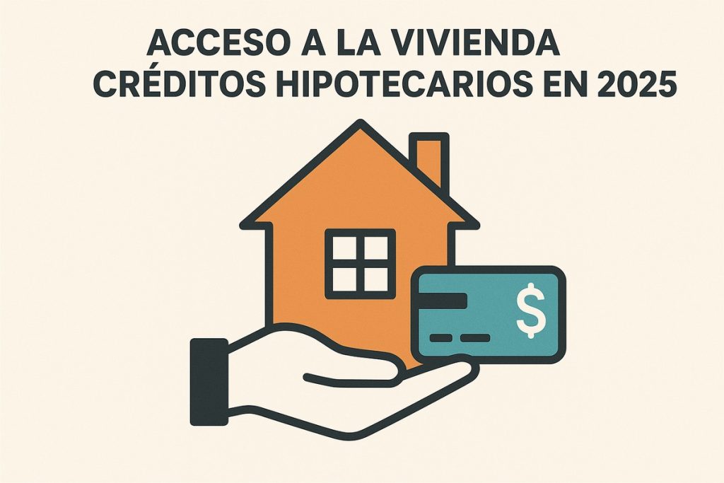 Ilustración minimalista de una mano sosteniendo una casa anaranjada y una tarjeta bancaria verde con símbolo de dólar. Representa la relación entre la vivienda y el financiamiento hipotecario en 2025, destacando el acceso económico y la estabilidad financiera.