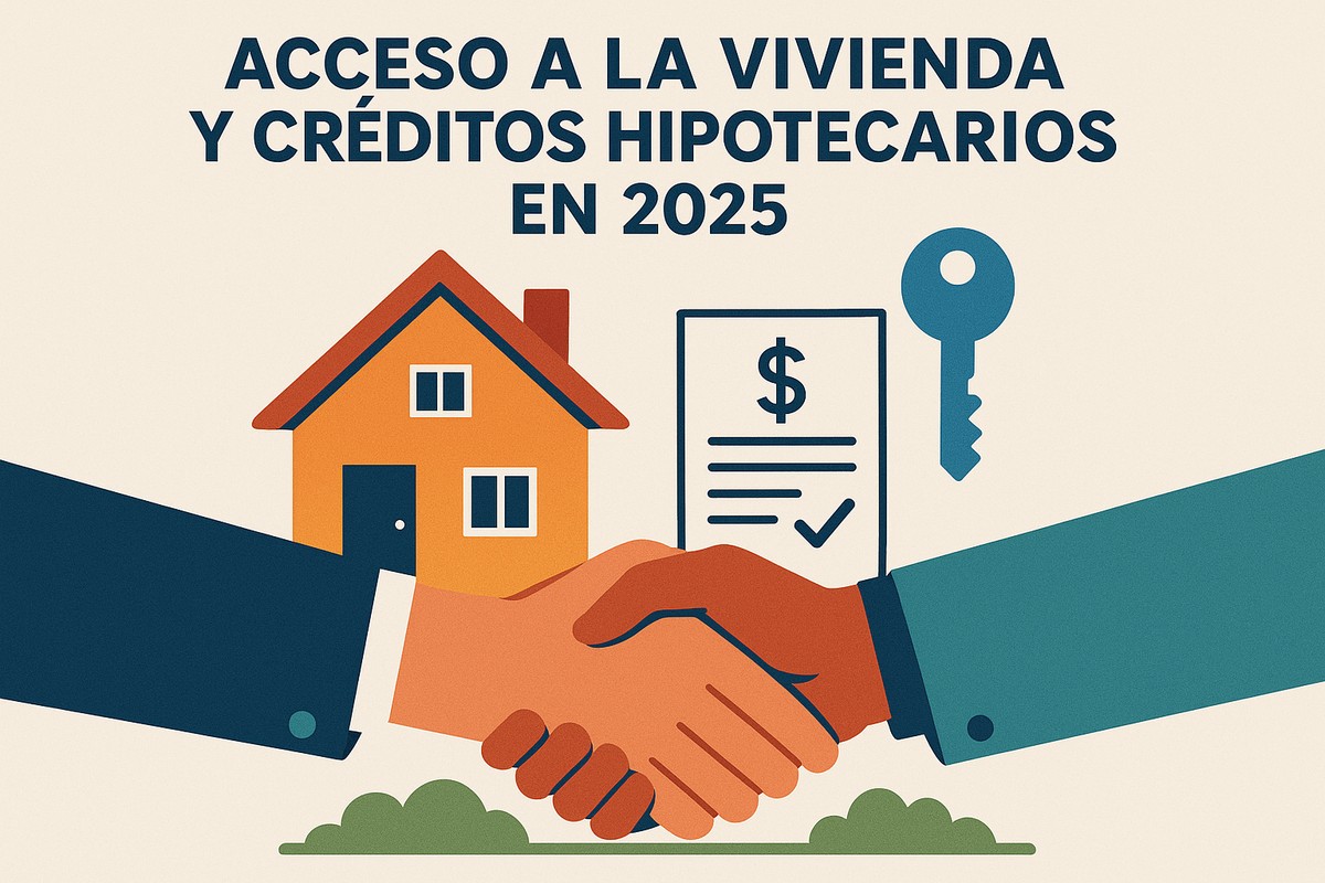 Ilustración de un apretón de manos frente a una casa, una llave y un contrato con símbolo de dólar. Simboliza la concreción de un crédito hipotecario y el logro de acceder a la vivienda propia en la Argentina del año 2025.