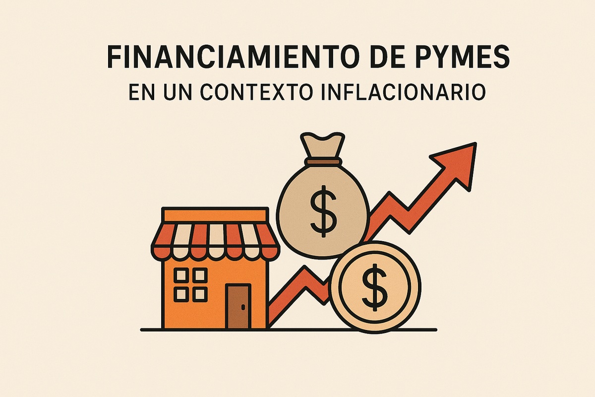 Ilustración minimalista de una pequeña tienda anaranjada con una bolsa y una moneda grandes con el símbolo del dólar. Detrás, una flecha roja ascendente simboliza el crecimiento y el impacto de la inflación en las PYMES argentinas.