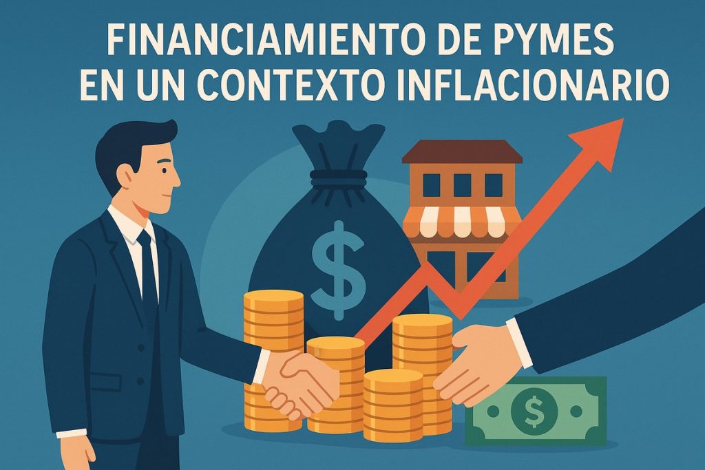 Ilustración de un empresario estrechando la mano de otra persona frente a una pila de monedas, una bolsa de dinero y una pequeña empresa. De fondo, una flecha ascendente representa el aumento de costos y la búsqueda de financiamiento en un contexto inflacionario.