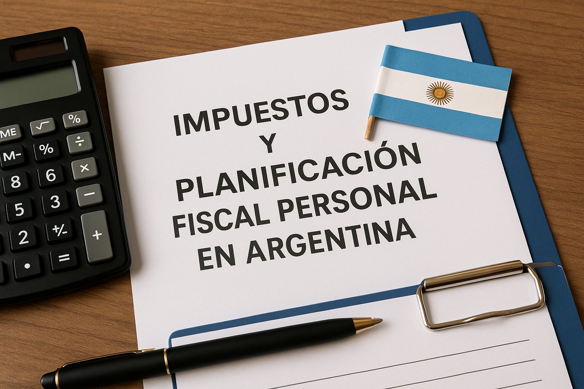 Fotografía de una hoja con el título “Impuestos y planificación fiscal personal en Argentina” sobre un portapapeles azul. A su alrededor hay una calculadora, una bandera argentina en miniatura y una lapicera negra, simbolizando la organización de finanzas personales y la gestión impositiva en el país.