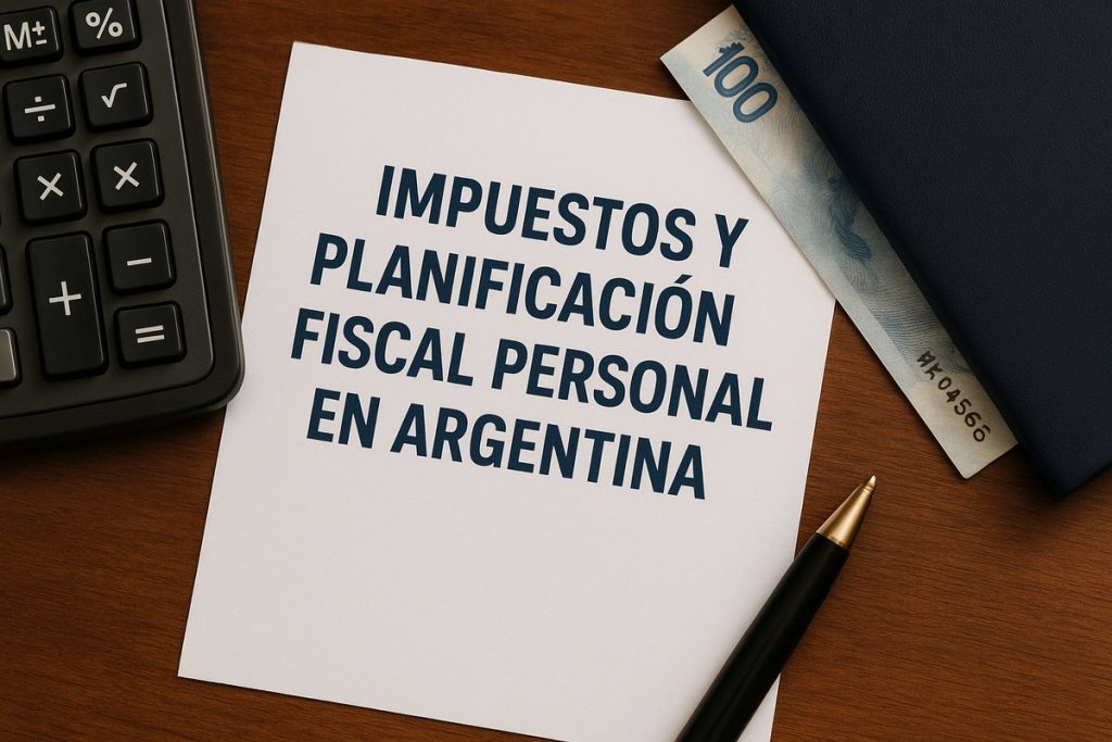 Fotografía de un documento con el texto “Impuestos y planificación fiscal personal en Argentina”, acompañado por una calculadora, una lapicera negra y un billete parcialmente visible. Representa el control financiero y la planificación tributaria personal en el contexto argentino.