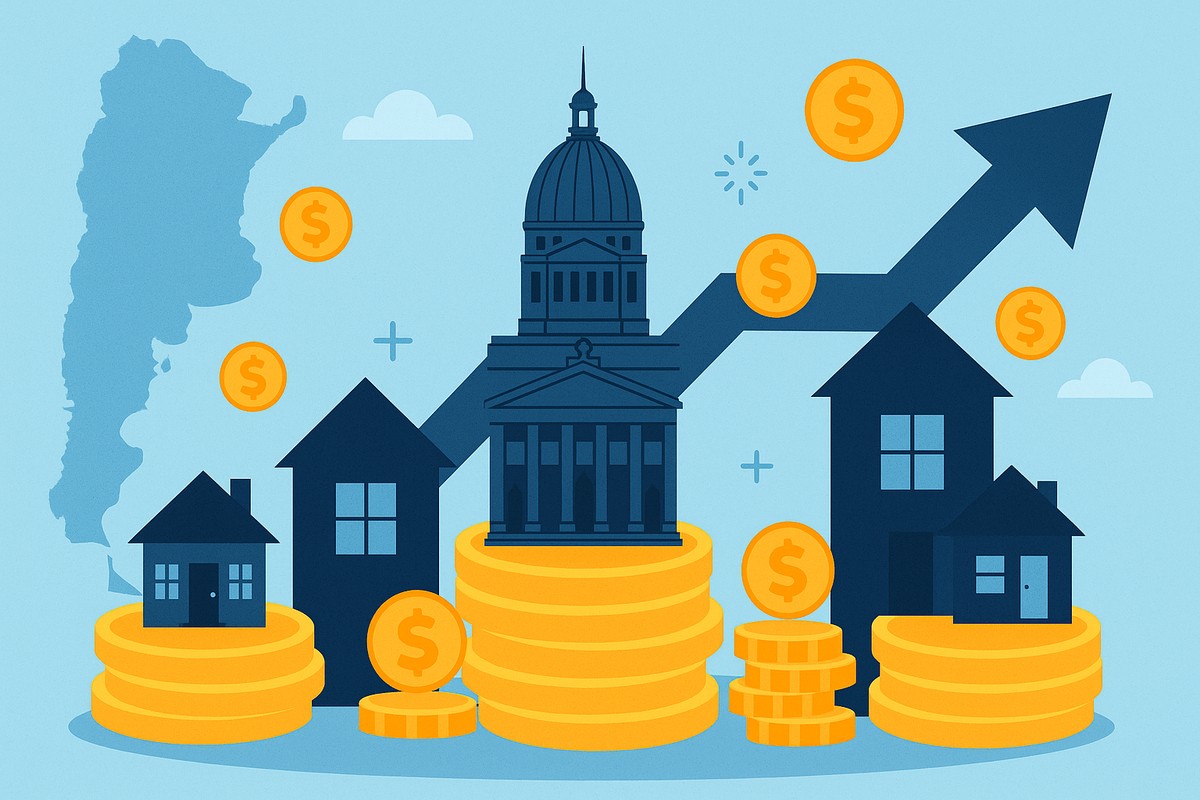 Ilustración plana y moderna que representa inversiones inmobiliarias en Argentina, con edificios sobre pilas de monedas doradas, el Congreso Nacional al centro, un mapa del país al fondo y una flecha ascendente que simboliza el crecimiento económico.