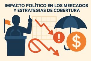 Ilustración conceptual que muestra el impacto de los acontecimientos políticos en los mercados financieros. A la izquierda, la silueta de un político detrás de un podio con una bandera simboliza la influencia gubernamental. En el centro, un gráfico descendente rojo representa la volatilidad del mercado. A la derecha, un gran paraguas azul protege un símbolo del dólar naranja, reflejando las estrategias de cobertura y gestión de riesgo financiero. Los colores predominantes son azul, naranja y beige.