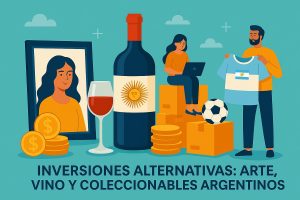 Ilustración en estilo plano que representa las inversiones alternativas argentinas, con elementos de arte, vino y coleccionables. Se observan monedas, una botella de vino con la bandera argentina, un retrato, una camiseta de fútbol y una persona trabajando en una computadora.