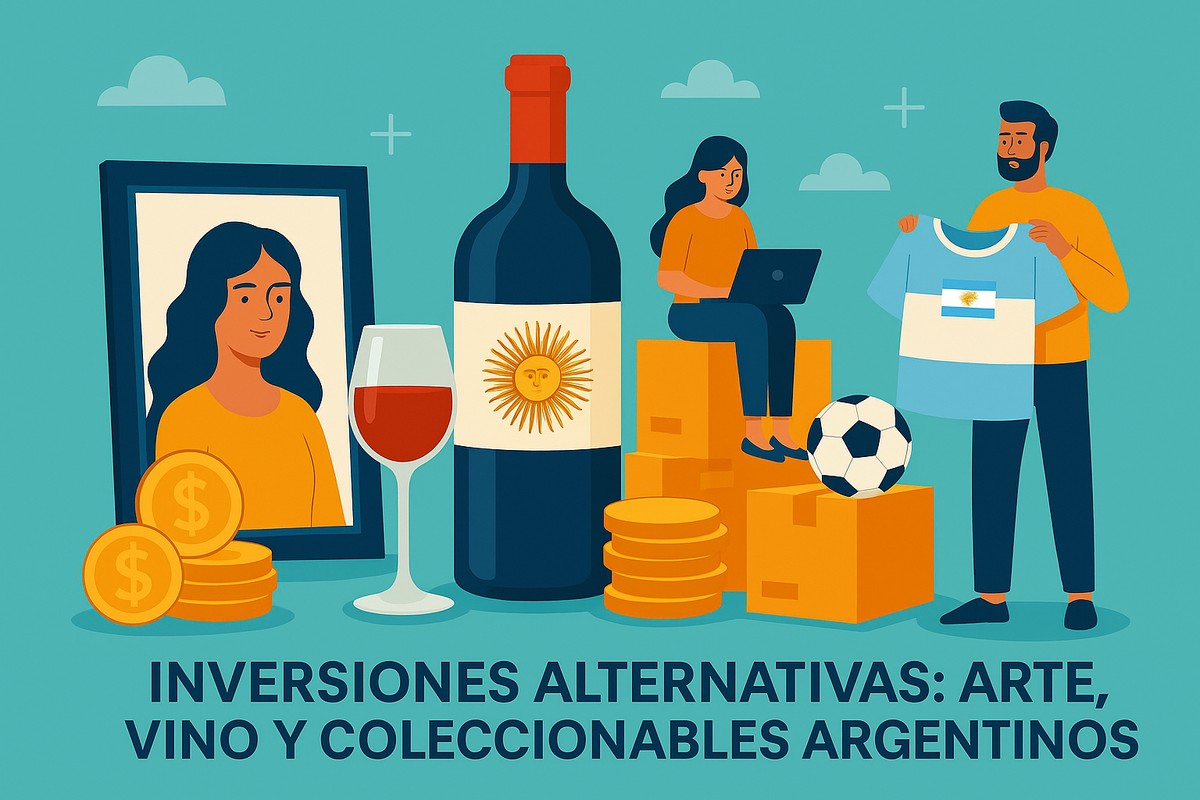 Ilustración en estilo plano que representa las inversiones alternativas argentinas, con elementos de arte, vino y coleccionables. Se observan monedas, una botella de vino con la bandera argentina, un retrato, una camiseta de fútbol y una persona trabajando en una computadora.