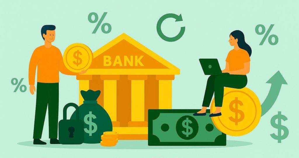 Ilustración digital en estilo plano que representa estrategias clásicas y modernas para resguardar el capital. Un hombre sostiene una moneda de dólar frente a un edificio de banco, mientras una mujer trabaja en una laptop sentada sobre una moneda grande. Alrededor hay íconos de porcentaje, flechas ascendentes y sacos de dinero en tonos verdes y dorados.