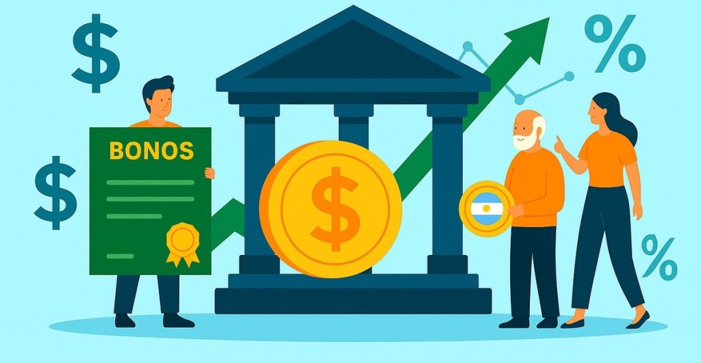 Ilustración digital en estilo plano que representa una institución financiera con una gran moneda dorada al frente. Varias personas sostienen documentos y gráficos, junto con símbolos de porcentaje, dinero y flechas ascendentes, representando el concepto de bonos soberanos y su relevancia económica.