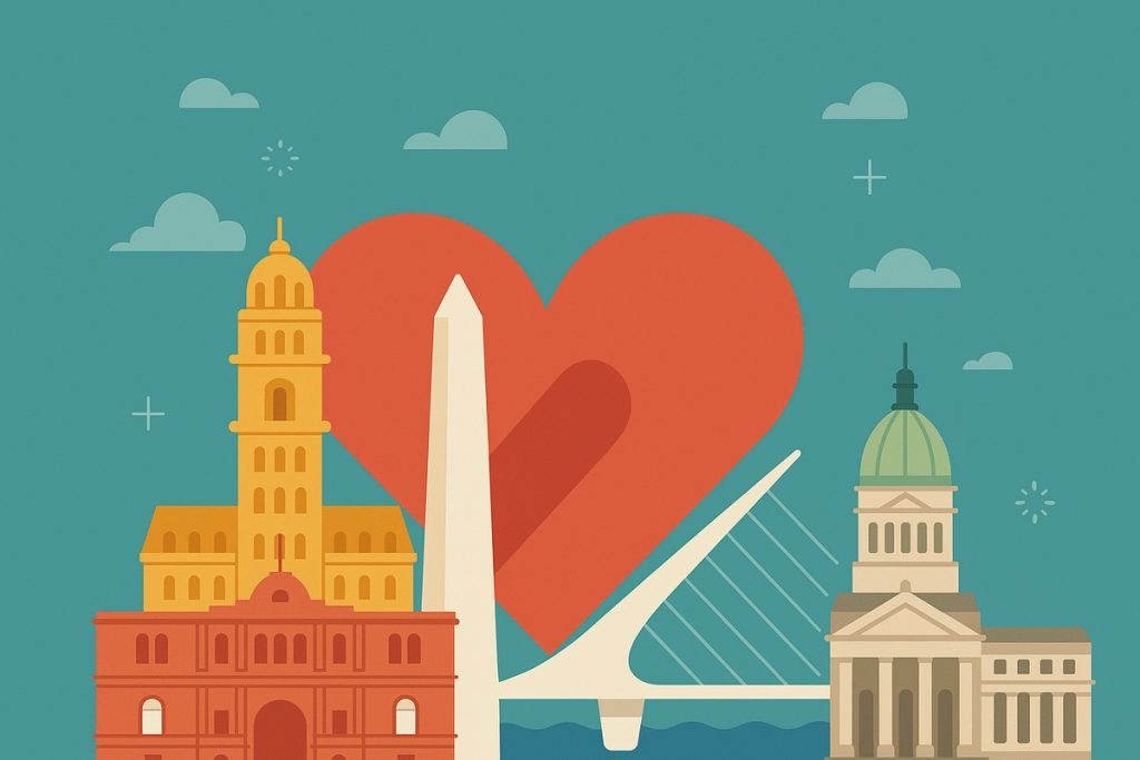Ilustración vectorial colorida de Buenos Aires con el Obelisco, la Casa Rosada, el Puente de la Mujer y el Congreso, todos bajo un gran corazón rojo que simboliza la vitalidad y el espíritu de la ciudad.
