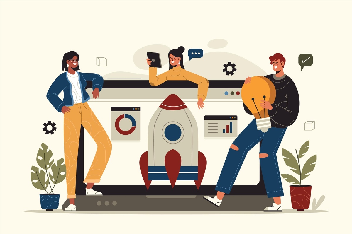 Ilustración moderna de un equipo de jóvenes emprendedores frente a una gran pantalla con un cohete, gráficos y engranajes, simbolizando el lanzamiento de una startup tecnológica y el trabajo colaborativo en innovación.