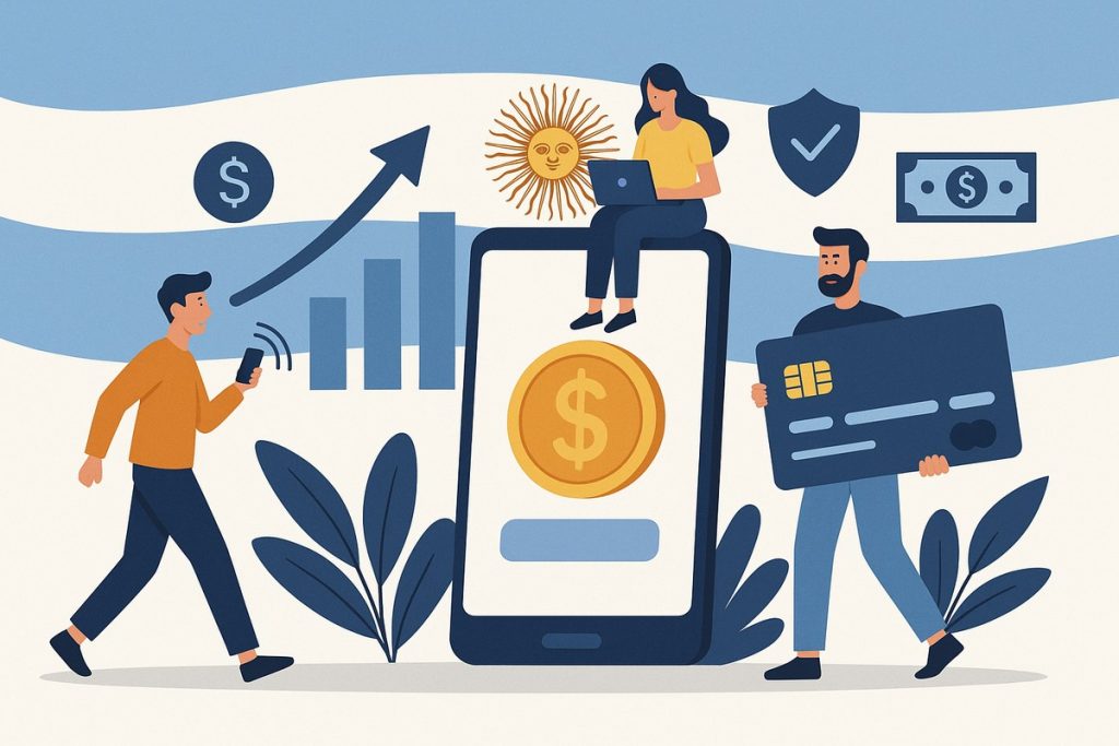 Ilustración moderna en estilo plano que representa el crecimiento del sector fintech en Argentina. Muestra a personas utilizando dispositivos móviles y tarjetas digitales alrededor de un gran teléfono con un símbolo de dólar, gráficos ascendentes y el sol de la bandera argentina al fondo, simbolizando innovación financiera y expansión tecnológica.