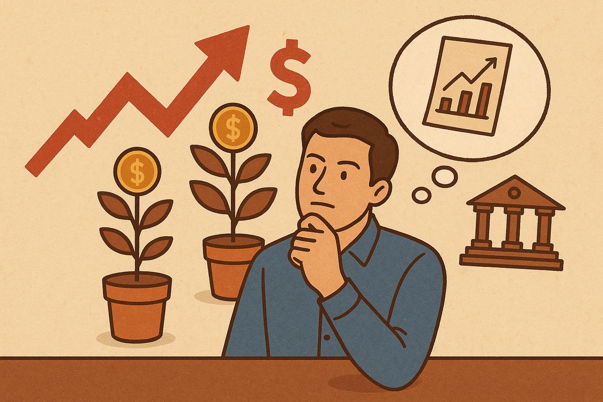 Ilustración conceptual en tonos cálidos que representa la reflexión sobre estrategias de inversión durante la inflación. Un hombre pensativo observa dos macetas con plantas que tienen monedas doradas como frutos. En el fondo, una flecha roja ascendente muestra el incremento de los precios, y en una burbuja de pensamiento se ven un gráfico financiero y un edificio bancario, simbolizando planificación y diversificación de inversiones.