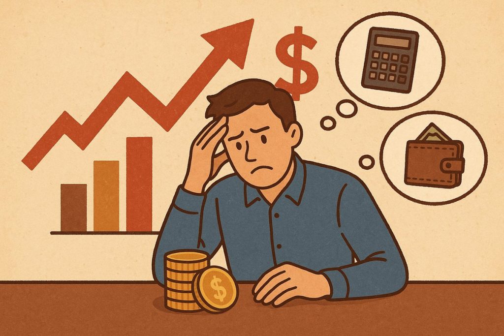 Ilustración en estilo retro que muestra a un hombre preocupado frente a una pila de monedas doradas. Detrás de él, un gráfico con una flecha roja ascendente simboliza el aumento de la inflación. En burbujas de pensamiento, aparecen una calculadora y una billetera con dinero, representando las dificultades para tomar decisiones financieras debido al aumento de precios.