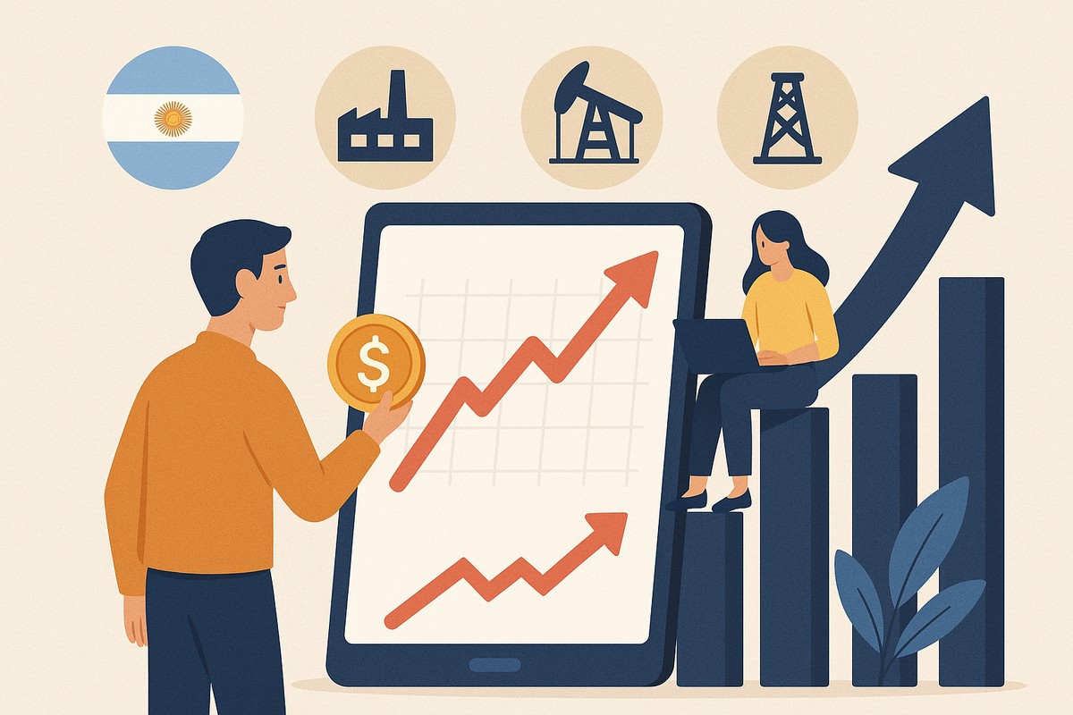 Ilustración en estilo plano que representa las inversiones en Argentina. Un hombre sostiene una moneda dorada mientras observa una tableta con gráficos ascendentes, y una mujer trabaja en una computadora portátil sentada sobre barras de crecimiento. Encima, varios íconos circulares muestran sectores de la economía argentina —industria, energía y petróleo— junto a la bandera del país. La paleta de colores azul y dorado refuerza la idea de prosperidad y avance económico.