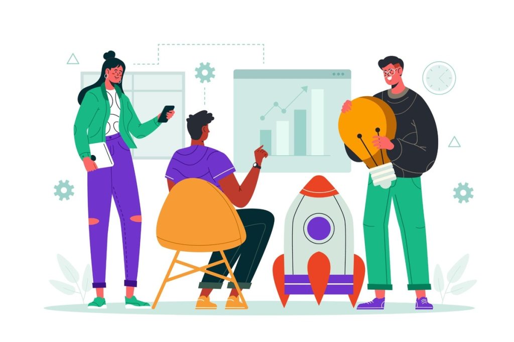 Ilustración colorida de un grupo de personas analizando gráficos de crecimiento y una maqueta de cohete, representando el desarrollo y expansión de una startup, con un ambiente dinámico y creativo.
