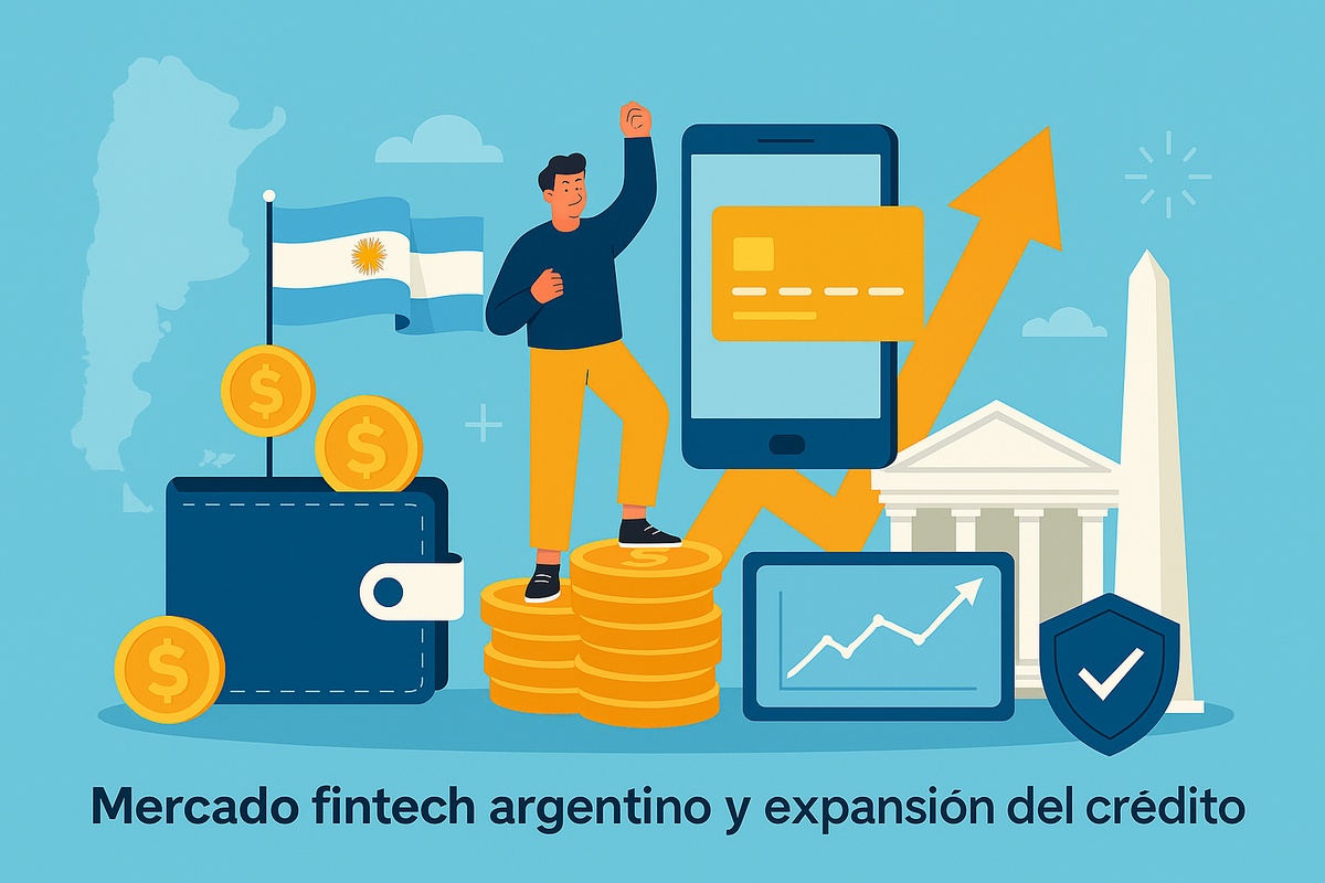 Ilustración digital en estilo plano que representa el mercado fintech argentino. Una persona se alza sobre monedas doradas frente a un gran teléfono móvil con una tarjeta digital, mientras detrás aparecen el mapa de Argentina, la bandera nacional, un gráfico ascendente y el Obelisco, simbolizando el crecimiento del crédito digital y la innovación financiera en el país.