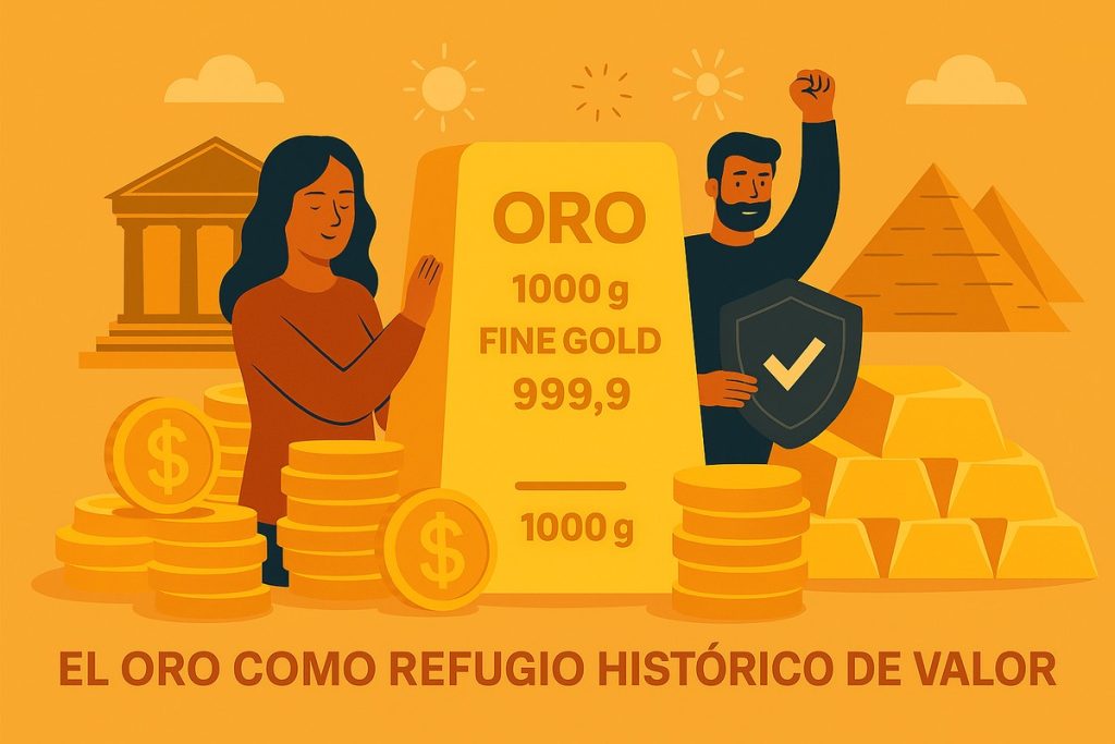 Ilustración sobre el oro como refugio histórico de valor. Muestra a una mujer y un hombre junto a un gran lingote de oro con inscripciones, monedas apiladas, un escudo que simboliza seguridad, y elementos históricos como pirámides y un edificio clásico, destacando la durabilidad y confianza del oro a lo largo del tiempo.
