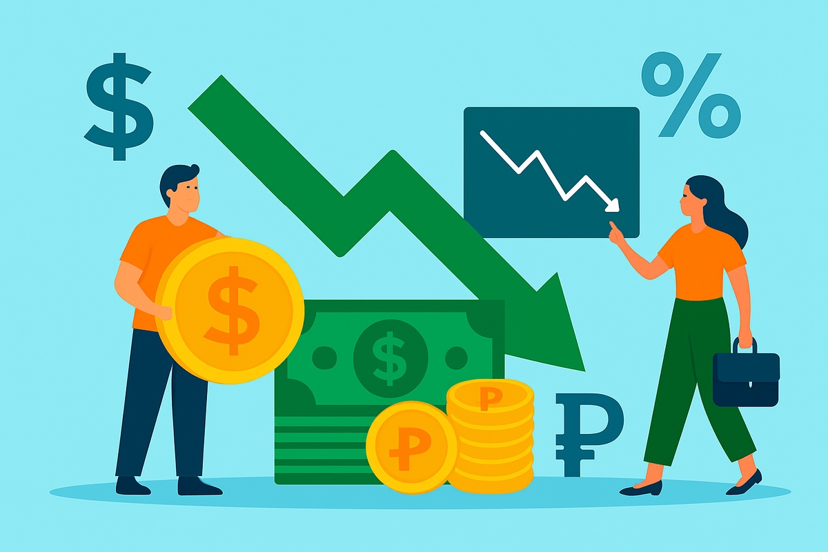 Ilustración digital en estilo plano que muestra a dos personas analizando la caída del valor del peso frente al dólar. Un hombre sostiene una moneda dorada con el símbolo del dólar, mientras una mujer señala un gráfico descendente. Se observan billetes, monedas de peso y símbolos de porcentaje en un fondo azul claro.