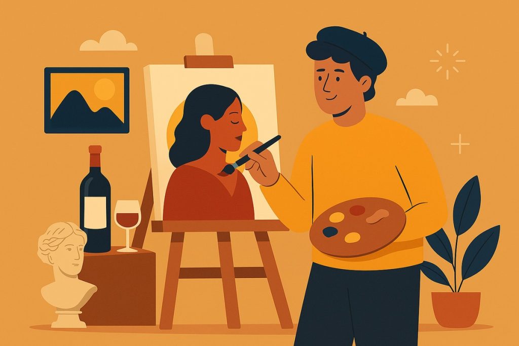 Ilustración en tonos cálidos que muestra a un artista pintando un retrato en su estudio, acompañado de una copa de vino, una botella y una escultura clásica. Simboliza el arte como refugio de valor y expresión cultural argentina.