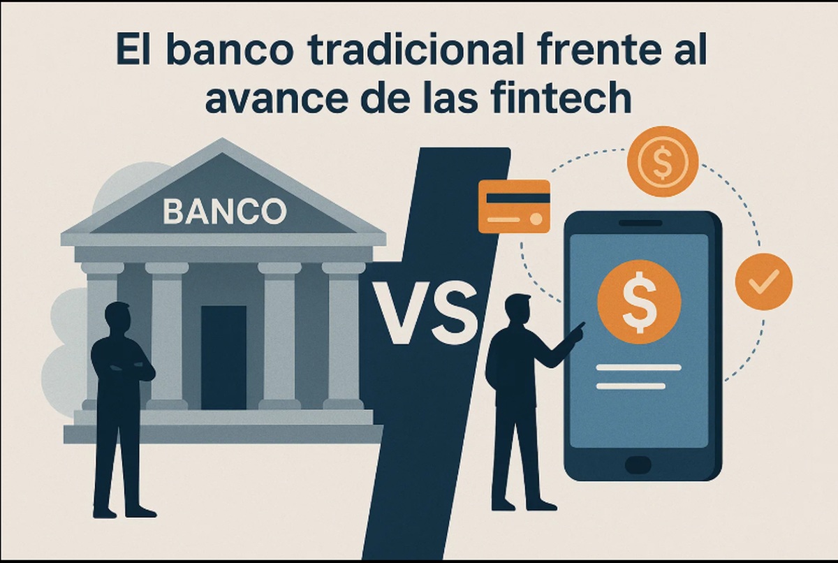 Ilustración en estilo flat con fondo beige claro y el título “El banco tradicional frente al avance de las fintech” en la parte superior. La escena está dividida por una franja diagonal con la sigla “VS”. A la izquierda se ve un banco clásico gris con columnas, la palabra “BANCO” en el frente y una figura humana en silueta, de pie, representando a un cliente o ejecutivo. A la derecha, un gran smartphone azul exhibe un símbolo de dólar en la pantalla, rodeado de íconos de tarjeta, monedas y un tilde de aprobación, junto a otra figura humana que interactúa con el celular. La imagen simboliza la competencia entre instituciones financieras tradicionales y plataformas fintech modernas.