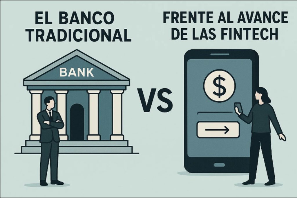 Ilustración en estilo flat dividida en dos mitades sobre un fondo celeste claro. A la izquierda aparece un edificio clásico de banco, con columnas y techo triangular, la palabra “BANK” en el frontis y un hombre de traje cruzado de brazos frente a la institución. Arriba se lee el texto en mayúsculas “EL BANCO TRADICIONAL”. A la derecha hay un enorme celular vertical con íconos de dinero en la pantalla y una mujer sosteniendo el teléfono. Sobre esa mitad se lee “FRENTE AL AVANCE DE LAS FINTECH”. En el centro, la letra “VS” enfatiza el contraste entre banca tradicional y soluciones digitales.