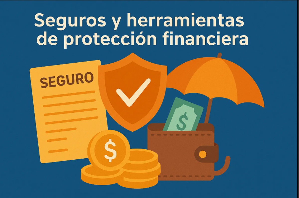 Ilustración en estilo flat con fondo azul oscuro y el título en blanco “Seguros y herramientas de protección financiera” en la parte superior. En el centro se destacan varios elementos asociados a la seguridad económica: un contrato o póliza amarilla con la palabra “SEGURO”, un escudo naranja con un tilde blanco, una billetera marrón abierta con billetes verdes asomando, un paraguas naranja que la cubre parcialmente y, delante, un pequeño montón de monedas doradas con símbolo de dólar. La composición transmite la idea de protección del patrimonio, cobertura frente a imprevistos y planificación financiera responsável.