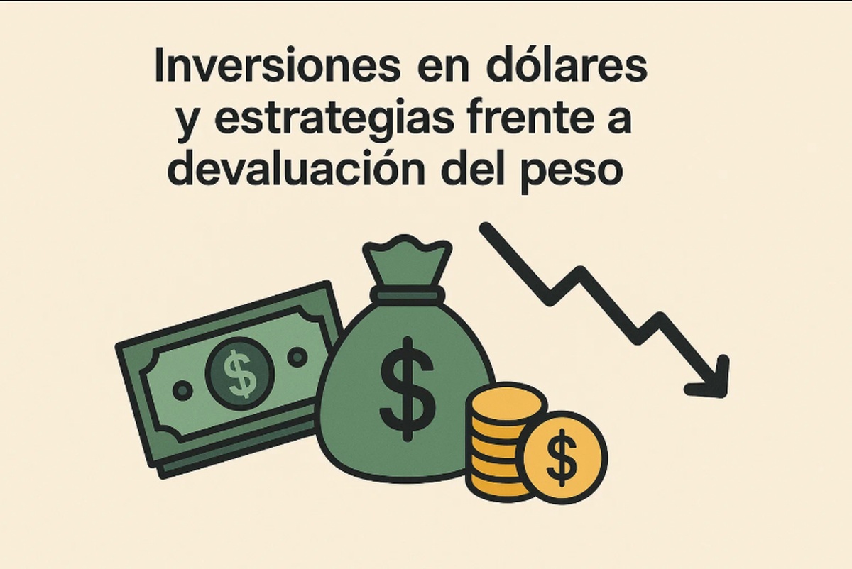 Ilustración con fondo beige y texto en la parte superior que dice “Inversiones en dólares y estrategias frente a devaluación del peso”. Debajo, hacia la izquierda, hay un billete verde con símbolo de dólar, una bolsa verde de dinero con símbolo de dólar al centro y, delante, una pila de monedas doradas y otra moneda apoyada al lado. A la direita se ve una flecha negra en zigzag descendente, que representa la caída o devaluación del peso argentino. No aparecen personas reais, solo íconos financieros ilustrados.