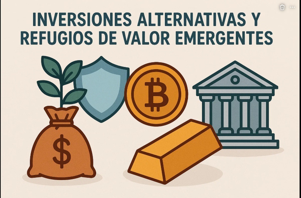 Ilustración en estilo flat con fondo beige claro y el título en mayúsculas “INVERSIONES ALTERNATIVAS Y REFUGIOS DE VALOR EMERGENTES” en color verde oscuro en la parte superior. Debajo se ven varios íconos de inversión: a la izquierda, una bolsa de dinero marrón con símbolo de dólar y una planta verde que crece detrás; en el centro, un escudo azul y una moneda dorada con el logo de Bitcoin; a la derecha, un lingote de oro inclinado y un edificio gris que representa un banco tradicional. La escena sugiere protección del ahorro, diversificación y refugios de valor.