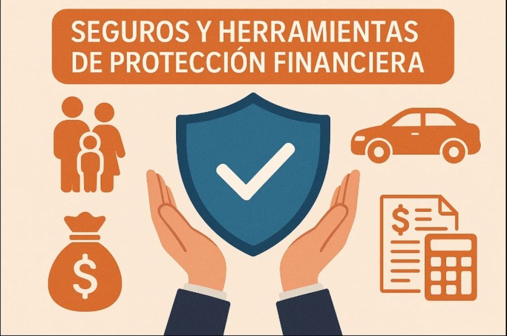 Ilustración en estilo flat con fondo beige claro y un gran rectángulo naranja en la parte superior que contiene el título “SEGUROS Y HERRAMIENTAS DE PROTECCIÓN FINANCIERA” en mayúsculas blancas. En el centro se ve un escudo azul con un tilde blanco, sostenido por dos manos abiertas que salen desde abajo, simbolizando cuidado y respaldo. A la izquierda aparecen íconos naranjas de una familia, una bolsa de dinero con signo de dólar y, a la derecha, un auto, además de un documento con números y una calculadora. La imagen representa distintos tipos de seguros: de vida, auto y protección económica.