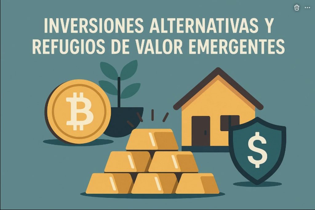 Ilustración en estilo flat con fondo verde azulado y el mismo título en español “INVERSIONES ALTERNATIVAS Y REFUGIOS DE VALOR EMERGENTES” en letras blancas mayúsculas en la parte superior. En el área central se destaca, a la izquierda, una gran moneda dorada con el símbolo de Bitcoin y una planta verde; en el medio, varias barras de oro apiladas; y a la derecha, una casa amarilla con techo marrón junto a un escudo verde con el signo de dólar. La composición representa inversiones alternativas como criptoactivos, oro e inmuebles como formas de resguardar el valor del dinero.