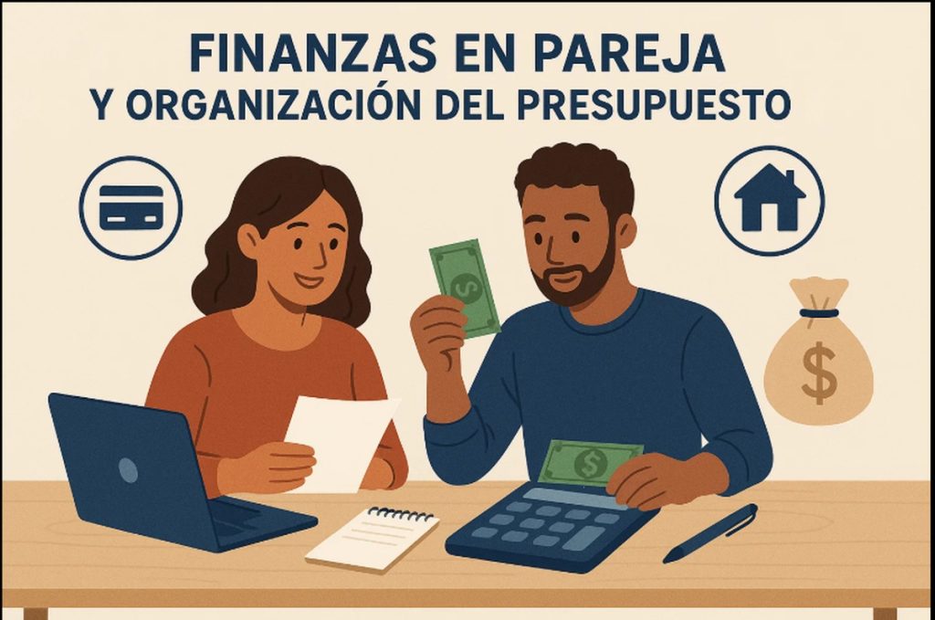 Ilustración en estilo flat con fondo beige claro y el título en mayúsculas “FINANZAS EN PAREJA Y ORGANIZACIÓN DEL PRESUPUESTO” en la parte superior. En el centro se ve a una pareja sentada frente a una mesa: ella, a la izquierda, sonríe mientras sostiene una hoja de papel y tiene una notebook abierta delante; él, a la derecha, sostiene un billete en la mano y usa una calculadora azul. Sobre la mesa también hay un cuaderno y una lapicera. En los laterales aparecen íconos de tarjeta, casa y bolsa de dinero. La imagen representa planificación financiera conjunta y administración del presupuesto familiar.