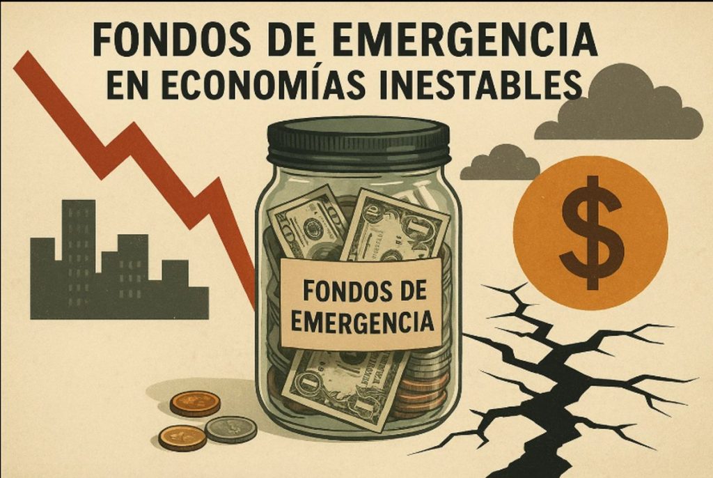 Ilustración de estilo retro con el título “FONDOS DE EMERGENCIA EN ECONOMÍAS INESTABLES” en la parte superior. En el centro se ve un frasco de vidrio lleno de billetes de dólar y monedas, con una etiqueta que dice “FONDOS DE EMERGENCIA”. A la izquierda aparecen siluetas de edificios oscuros y una flecha roja en zigzag que baja, simbolizando una caída económica. A la derecha hay un círculo naranja con el símbolo de peso y el suelo agrietado en negro, representando crisis e inestabilidad. No hay personas reales, solo elementos gráficos ilustrativos.
